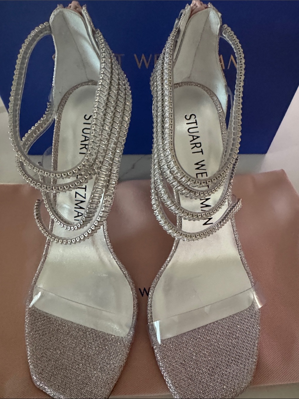 Stuart Weitzman Silver Crystal-Strap Stiletto Sandals 9